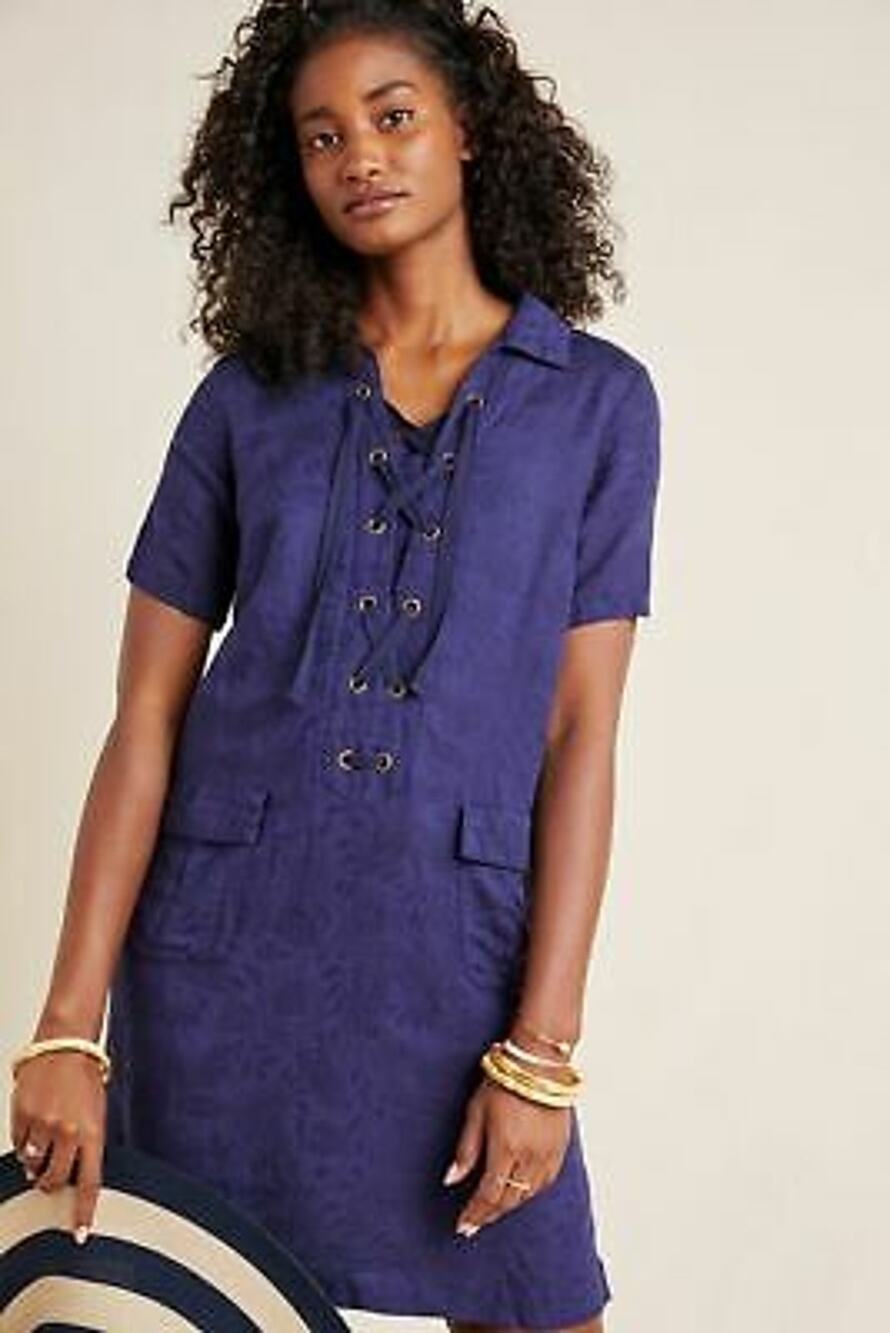 New Anthropologie Finley Lace-Up Mini Shirtdress $140 SIZE 2 Navy